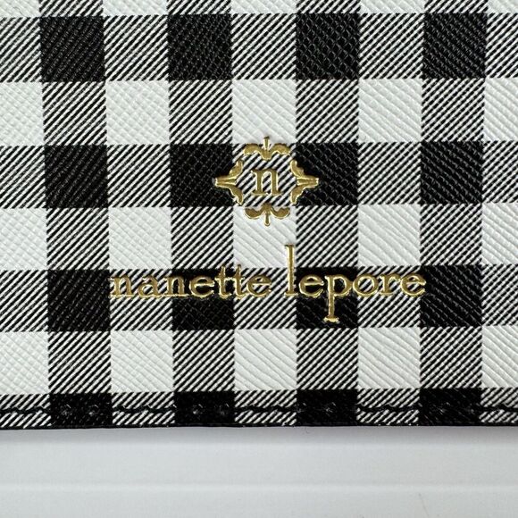 Nanette Lepore Plaid Card Holder Black White Checkered Keychain Wallet - Picture 2 of 8